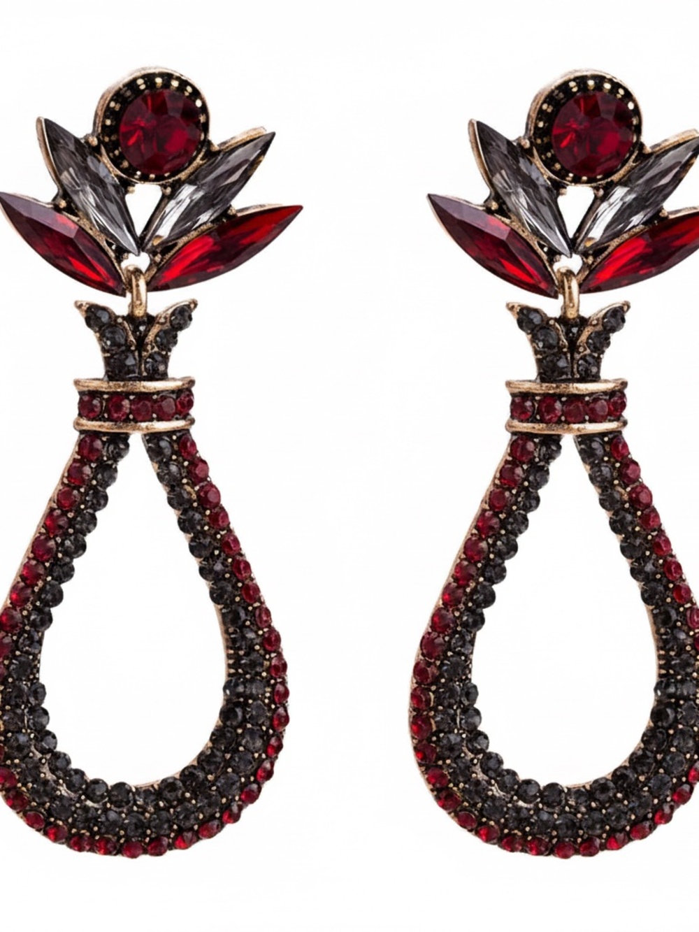Womens Red Flower Rhinestone Teardrop Earrings